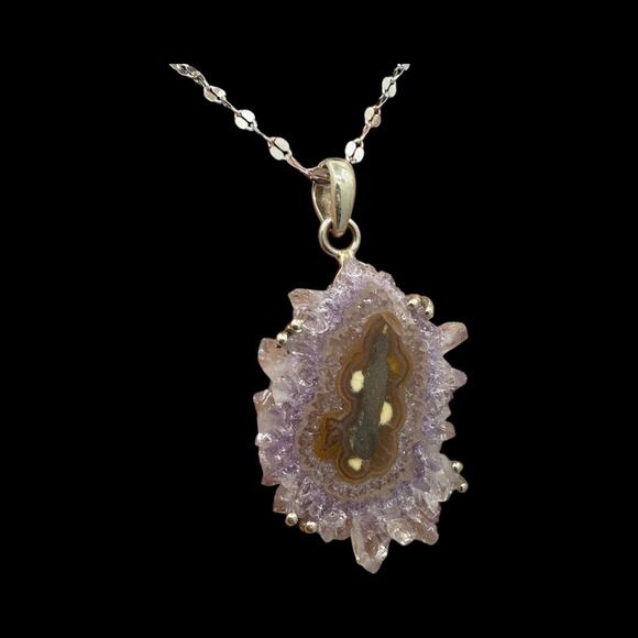Natural Amethyst Geode Slice Pendant Necklace 925 Sterling Silver Handmade - Picture 4 of 7